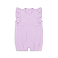 Lavender cotton baby girl romper with ruffle sleeves, snap-button back, and soft elastic leg openings – ideal for newborns and infants during summer.