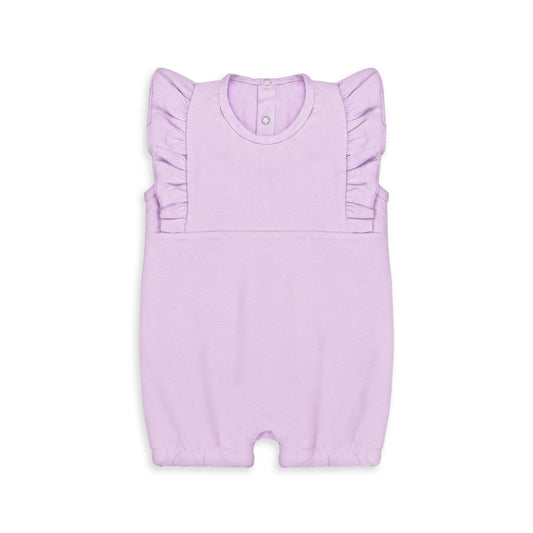 Lavender cotton baby girl romper with ruffle sleeves, snap-button back, and soft elastic leg openings – ideal for newborns and infants during summer.
