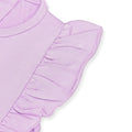 Lavender cotton baby girl romper with ruffle sleeves, snap-button back, and soft elastic leg openings – ideal for newborns and infants during summer.