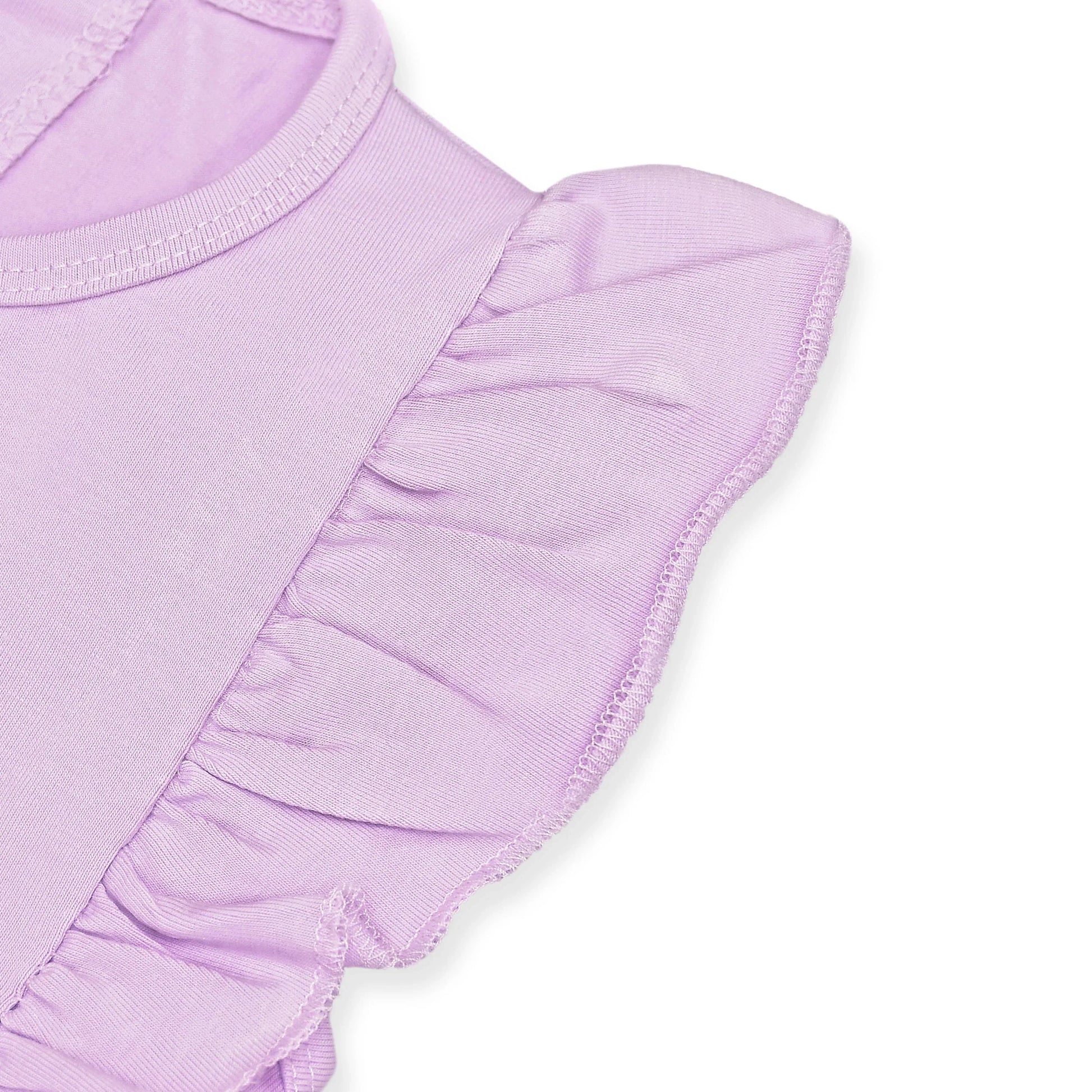 Lavender cotton baby girl romper with ruffle sleeves, snap-button back, and soft elastic leg openings – ideal for newborns and infants during summer.