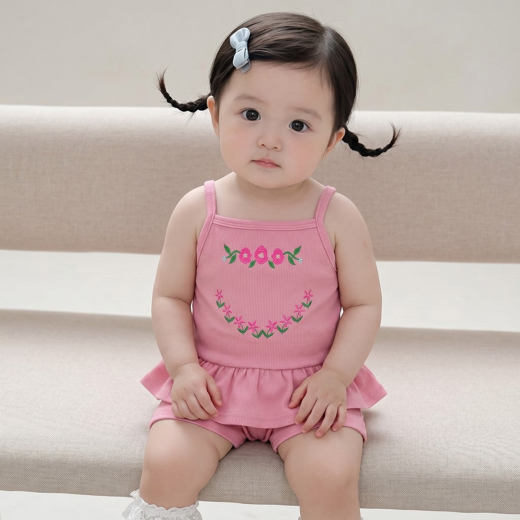 Baby girl in pink floral embroidered peplum top and shorts set - Palm & Pale