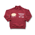 Red sweatshirt with white text and graphics on a white background