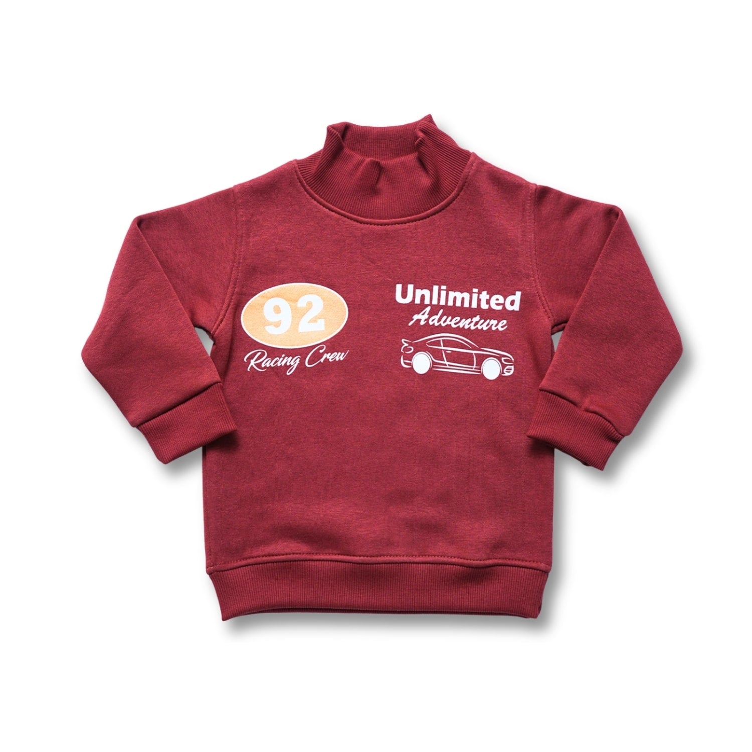 Red sweatshirt with white text and graphics on a white background