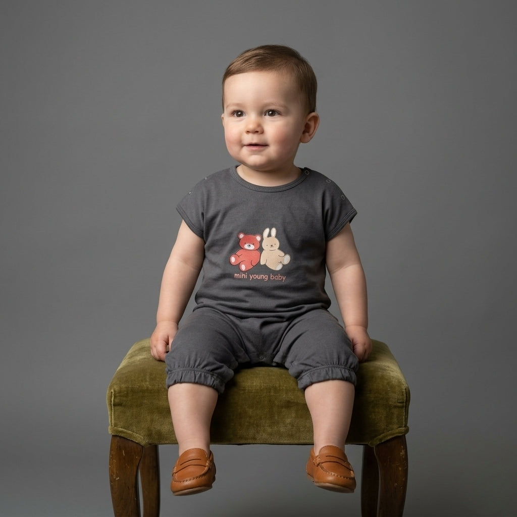 A baby boy model l is weared a palm and pale grey romper in mini young design to repesent the premium quality of coton fabric for summer weather for newborn baby to 24  months baby boy.