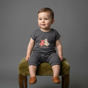 A baby boy model l is weared a palm and pale grey romper in mini young design to repesent the premium quality of coton fabric for summer weather for newborn baby to 24  months baby boy.