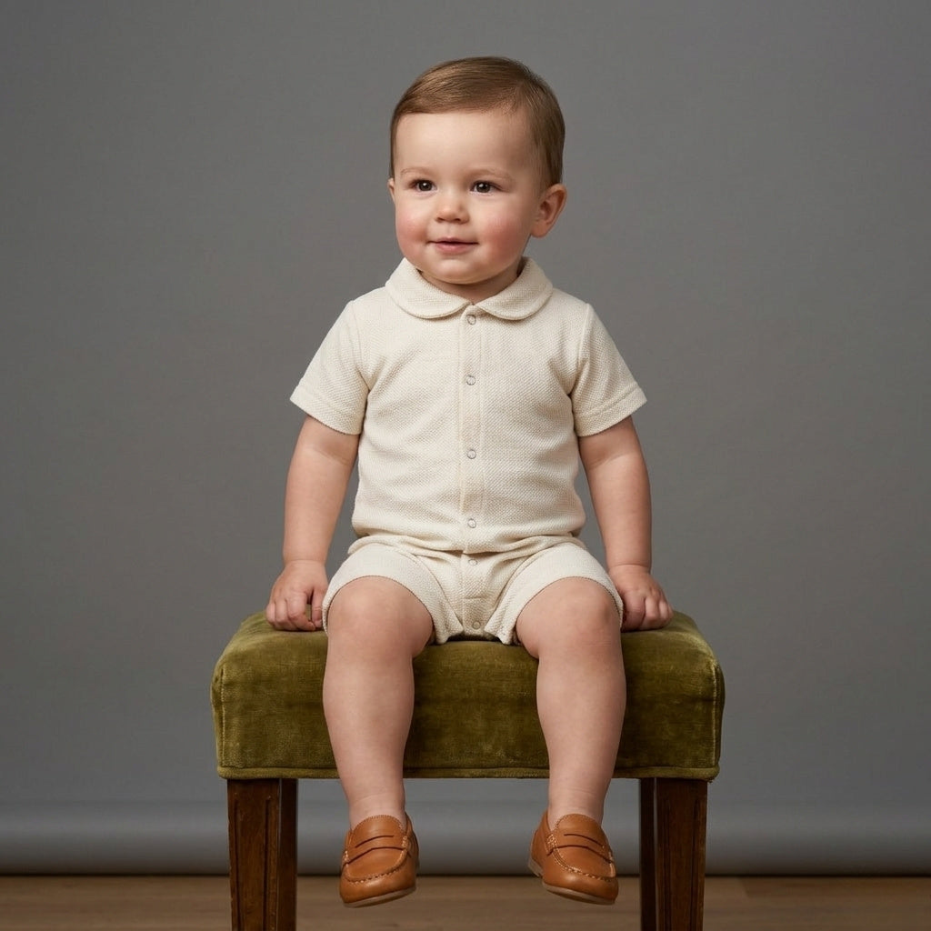Baby boy wearing a Palm and Pale off-white textured knit short-sleeve romper with Peter Pan collar and button-front detailing, paired with tan loafers.