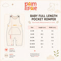 Palm and Pale full length baby pocket romper size chart. Provides a step-by-step sizing guide in inches from 0-3 months up to 18-24 months for garment length and chest width.