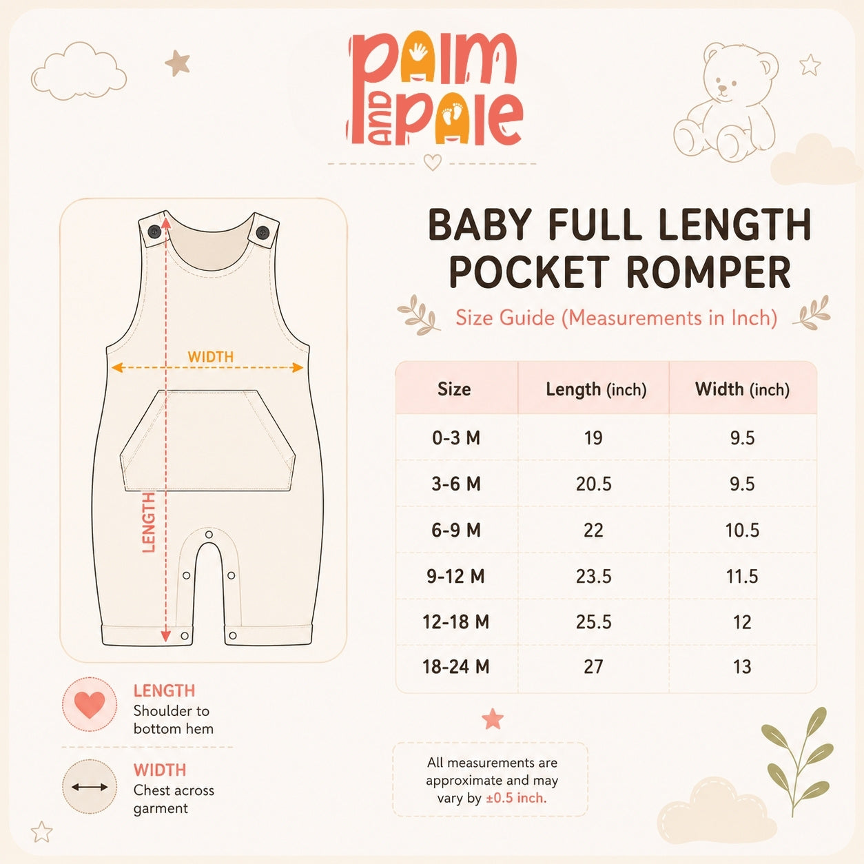Palm and Pale full length baby pocket romper size chart. Provides a step-by-step sizing guide in inches from 0-3 months up to 18-24 months for garment length and chest width.