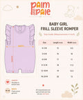 Palm and Pale baby girl frill sleeve romper size chart. Includes a visual diagram and measurement table in inches for infant sizes 0-3M through 18-24M, specifying garment length and chest width.