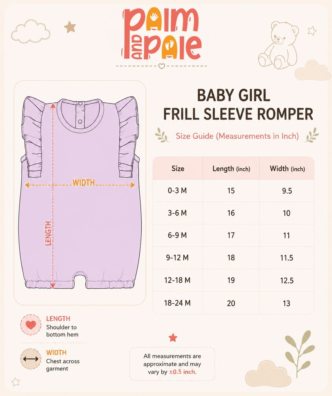 Palm and Pale baby girl frill sleeve romper size chart. Includes a visual diagram and measurement table in inches for infant sizes 0-3M through 18-24M, specifying garment length and chest width.