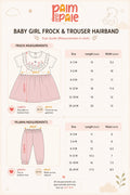 Palm and Pale newborn baby girl frock and shorts set size guide. Features a detailed measurements chart in inches for sizes 0-3M up to 18-24M, showing frock length, chest width, shorts length, and relaxed waist width.