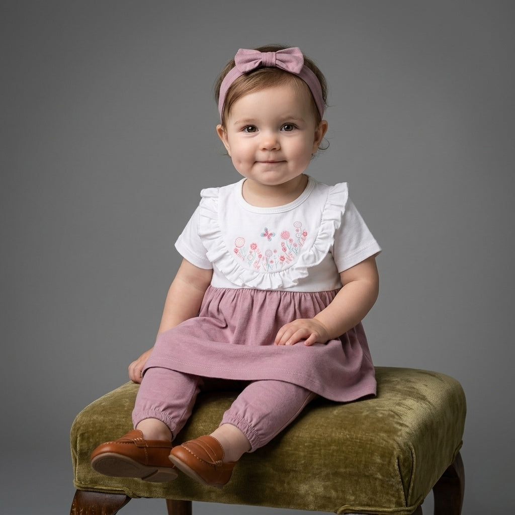 A Baby model of Palm and pale is offered a Baby girl frock with pajama and hairband for newborn to 2 years baby girl with deep pink color and floal print on front side in summer cotton fabric.