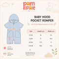 Palm and Pale hooded baby pocket romper size guide. Includes an apparel blueprint and a measurement chart in inches for sizes 0-3M, 3-6M, 6-9M, and 9-12M detailing length and chest width.