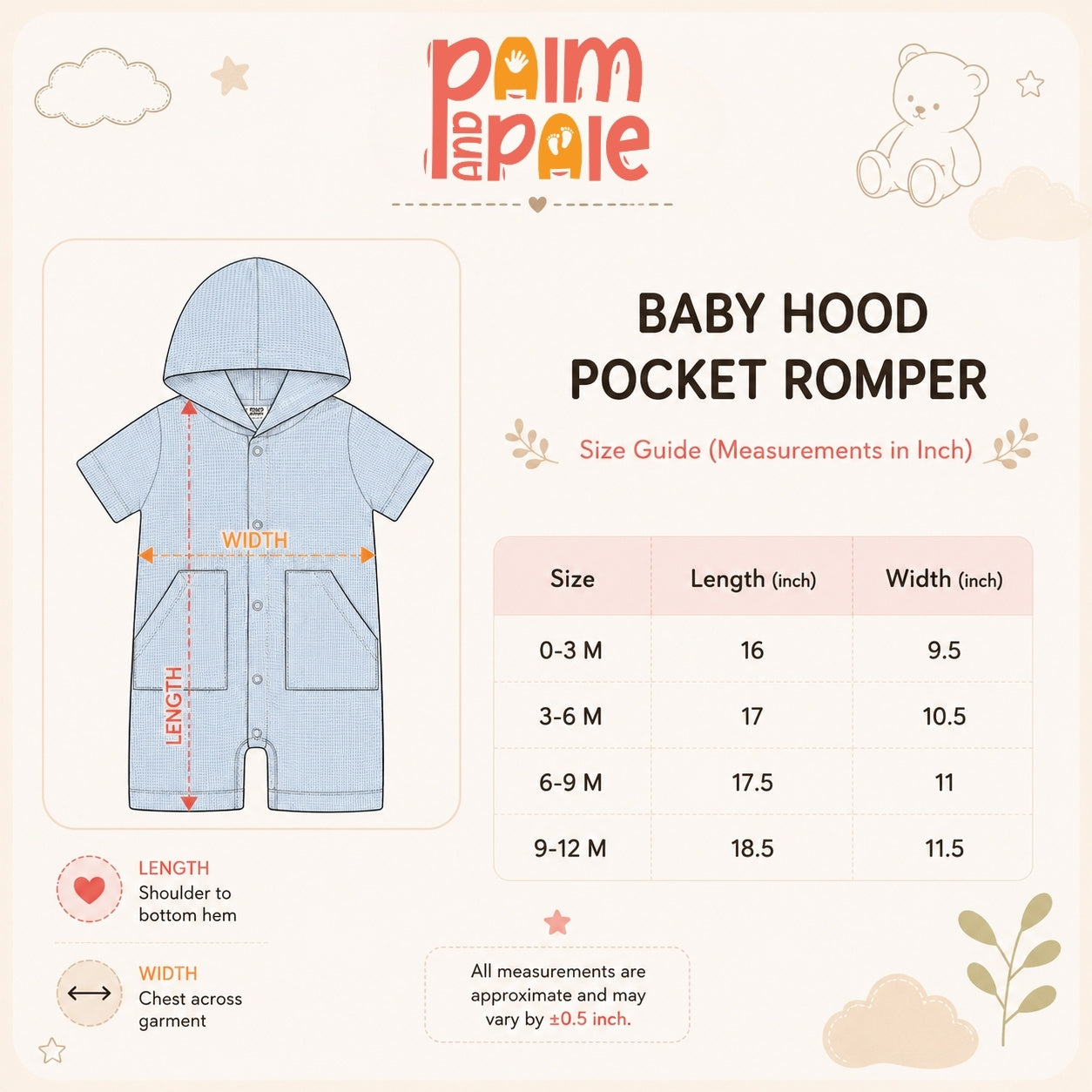 Palm and Pale hooded baby pocket romper size guide. Includes an apparel blueprint and a measurement chart in inches for sizes 0-3M, 3-6M, 6-9M, and 9-12M detailing length and chest width.