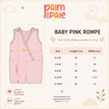 Palm and Pale baby pink romper size guide chart. Measurement table in inches for infant sizes 0-3 months to 12-18 months, displaying cross-garment width and shoulder-to-bottom-hem length.