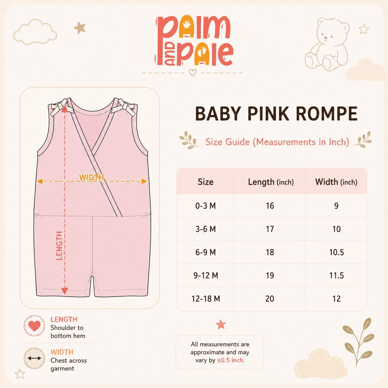 Palm and Pale baby pink romper size guide chart. Measurement table in inches for infant sizes 0-3 months to 12-18 months, displaying cross-garment width and shoulder-to-bottom-hem length.
