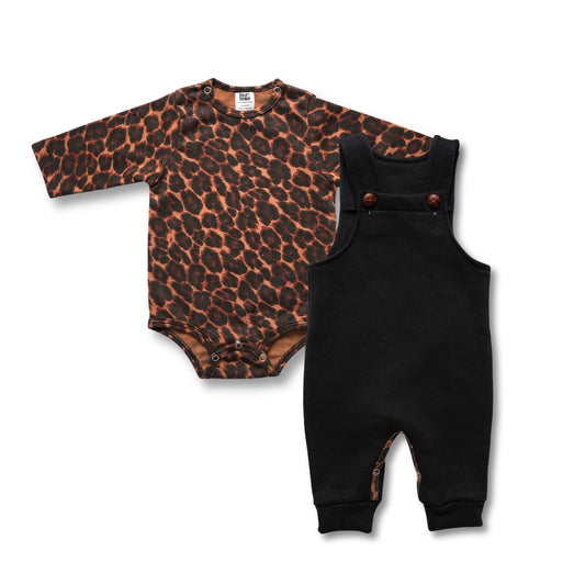 Infant or toddler fleece set featuring black snap-button overalls and a brown and black long-sleeve leopard print bodysuit romper
