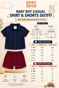 Baby Boy Casual Shirt & Shorts Outfit Size Chart in Inches by Palm and Pale featuring shirt and shorts measurements for sizes 6–9 months, 9–12 months, 1–2 years, 2–3 years, 3–4 years, and 4–5 years with measuring guide for length and width.