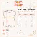 Palm and Pale mini baby romper size guide with measurements in cm. Technical apparel illustration and sizing chart for infant sizes 0-3M to 18-24M, highlighting total length and chest width in centimeters.