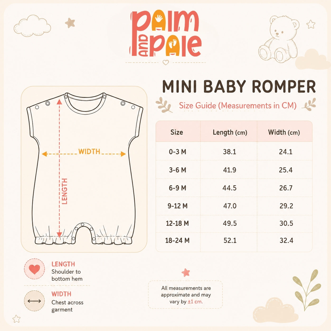 Palm and Pale mini baby romper size guide with measurements in cm. Technical apparel illustration and sizing chart for infant sizes 0-3M to 18-24M, highlighting total length and chest width in centimeters.