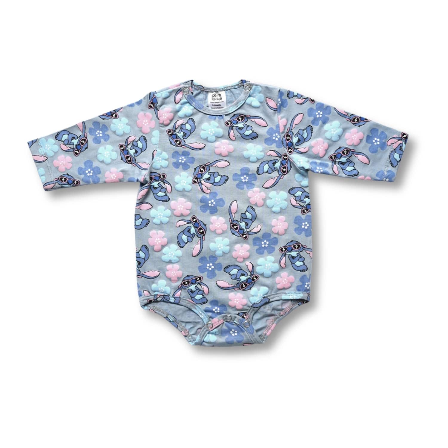 Baby onesie with cartoon character pattern on a white background