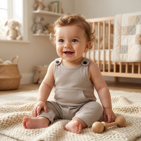 Newborn baby boy wearing a Palm and Pale neutral taupe ribbed knit pocket romper, sitting on a cream chunky knit blanket in a modern nursery.