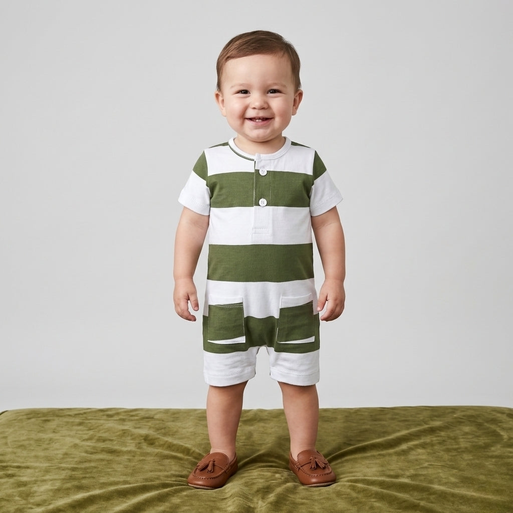 Newborn baby boy romper stripe white olive for 0 months to 12 months with two pockets for summer weather in cotton fabric by palm and pale