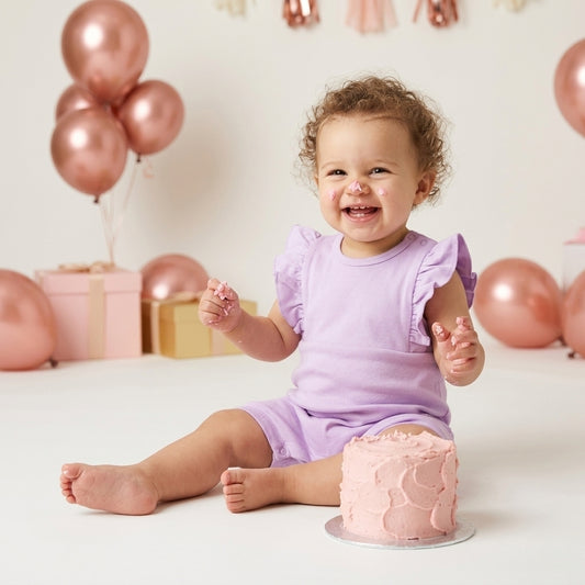 A baby girl is weared a palm and pale purple color romper t to repesent the premium quality of coton fabric for summer weather for newborn baby to 24 months baby girl.