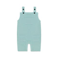 A pastel blue newborn romper with button-on-shoulder straps and front pockets, displayed against a light background with orange and green design elements. The text highlights features like 'Button on Shoulder,' 'Pockets,' and 'New Arrivals.' The brand name 'Palm and Pale' and website 'palmandpale.com' are also visible. The tagline reads 'Sunny styles for little smiles.'