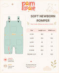 Palm and Pale soft newborn romper size guide chart. Product measurement table in inches covering sizes 0-3M up to 18-24M / 2-3Y, showing shoulder-to-hem length and flat chest width.