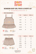 Palm and Pale newborn baby girl frock and shorts set size guide. Features a detailed measurements chart in inches for sizes 0-3M up to 18-24M, showing frock length, chest width, shorts length, and relaxed waist width.