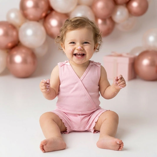A baby girl is weared a palm and pale Baby pink color romper to repesent the premium quality of coton fabric for summer weather for newborn baby to 18 months baby girl.