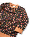 Leopard print sweatshirt with brown cuffs on a white background