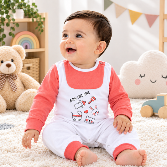 A baby sitting on a white carpet wearing a coral pink and white long-sleeve baby overalls romper with a graphic print that reads 'BABY FEED TIME'. The background is a soft, cozy room with a teddy bear, a cloud pillow, and pastel decorations.
