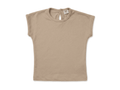 Beige baby drop-shoulder t-shirt with back button detail, soft cotton summer top for infants and toddlers by Palm and Pale