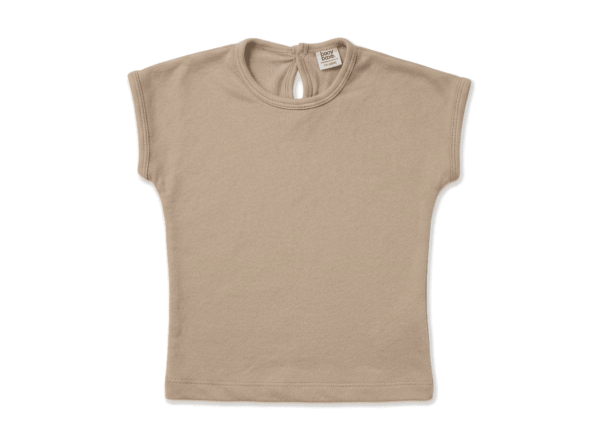 Beige baby drop-shoulder t-shirt with back button detail, soft cotton summer top for infants and toddlers by Palm and Pale