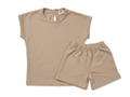 Baby girl drop shoulder shirt and shorts set in neutral tan - Palm and Pale Clothing