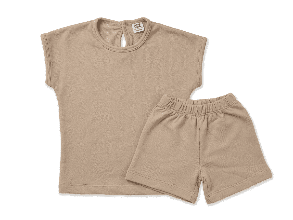 Baby girl drop shoulder shirt and shorts set in neutral tan - Palm and Pale Clothing