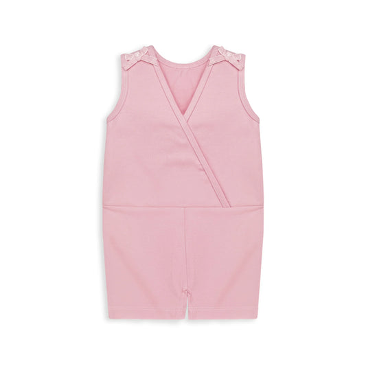 Soft pink sleeveless baby girl romper with shoulder bows, lightweight summer cotton outfit for newborns and infants. #BabyGirlRomper #PinkBabyOutfit #NewbornClothes #InfantRomper #SleevelessBabySuit #SummerBabyWear #CottonBabyClothes #BabyGirlStyle #BabyFashionPakistan #ComfortableBabyWear