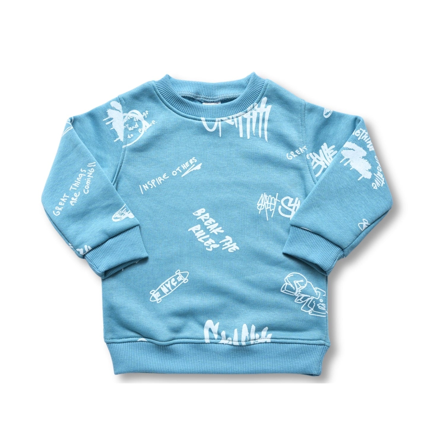Blue children's sweatshirt with white graphics on a white background