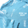 Blue sweatshirt with white text and graphics on a white background