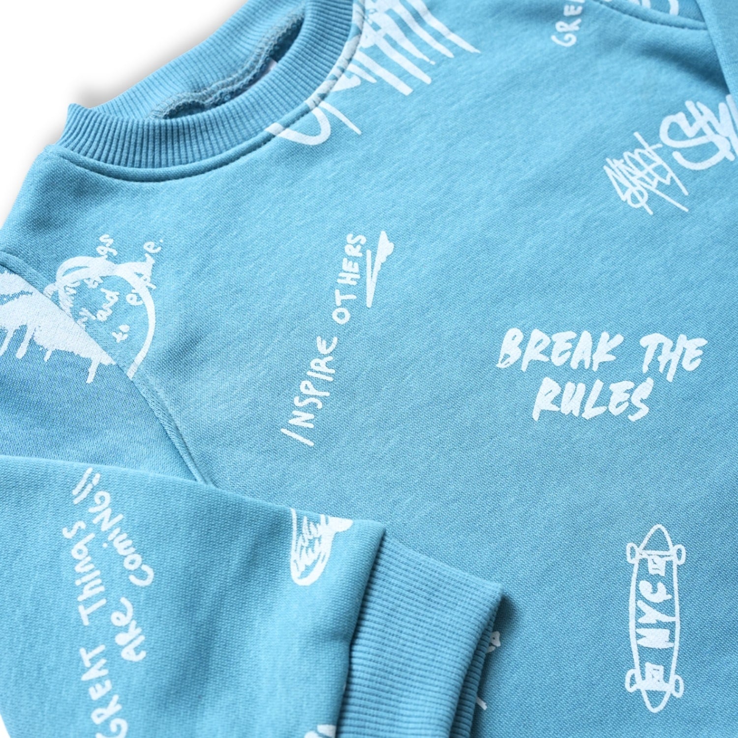Blue sweatshirt with white text and graphics on a white background