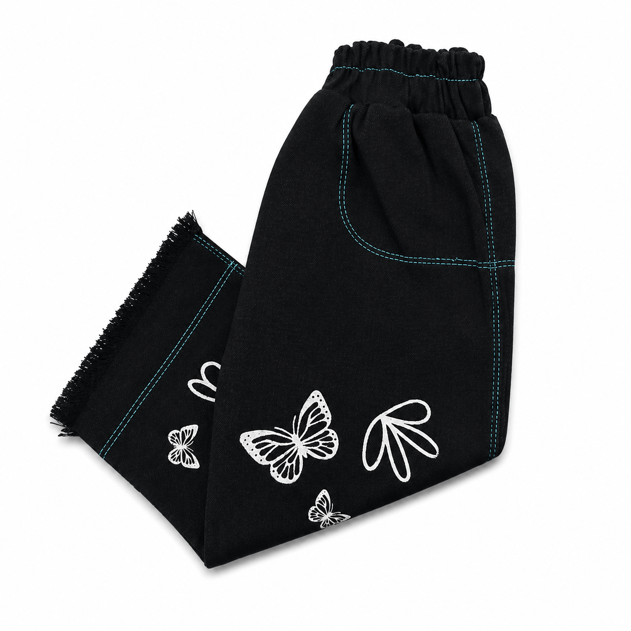 Black butterfly print kids denim pants folded to show waistband detail, teal stitching, and white butterfly graphic at hem