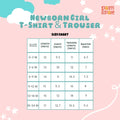 A size chart for newborn girl T-shirt and trouser set on a pink background with clouds and stars. The title is in a playful blue and white font. The table includes size categories (0-3M, 3-6M, 6-9M, 9-12M, 12-18M, 18-24M) with measurements in inches for length, chest, trouser length, and waist. The chart is neatly arranged with a teal grid. The 'Palm and Pale' logo is positioned in the top right corner.
