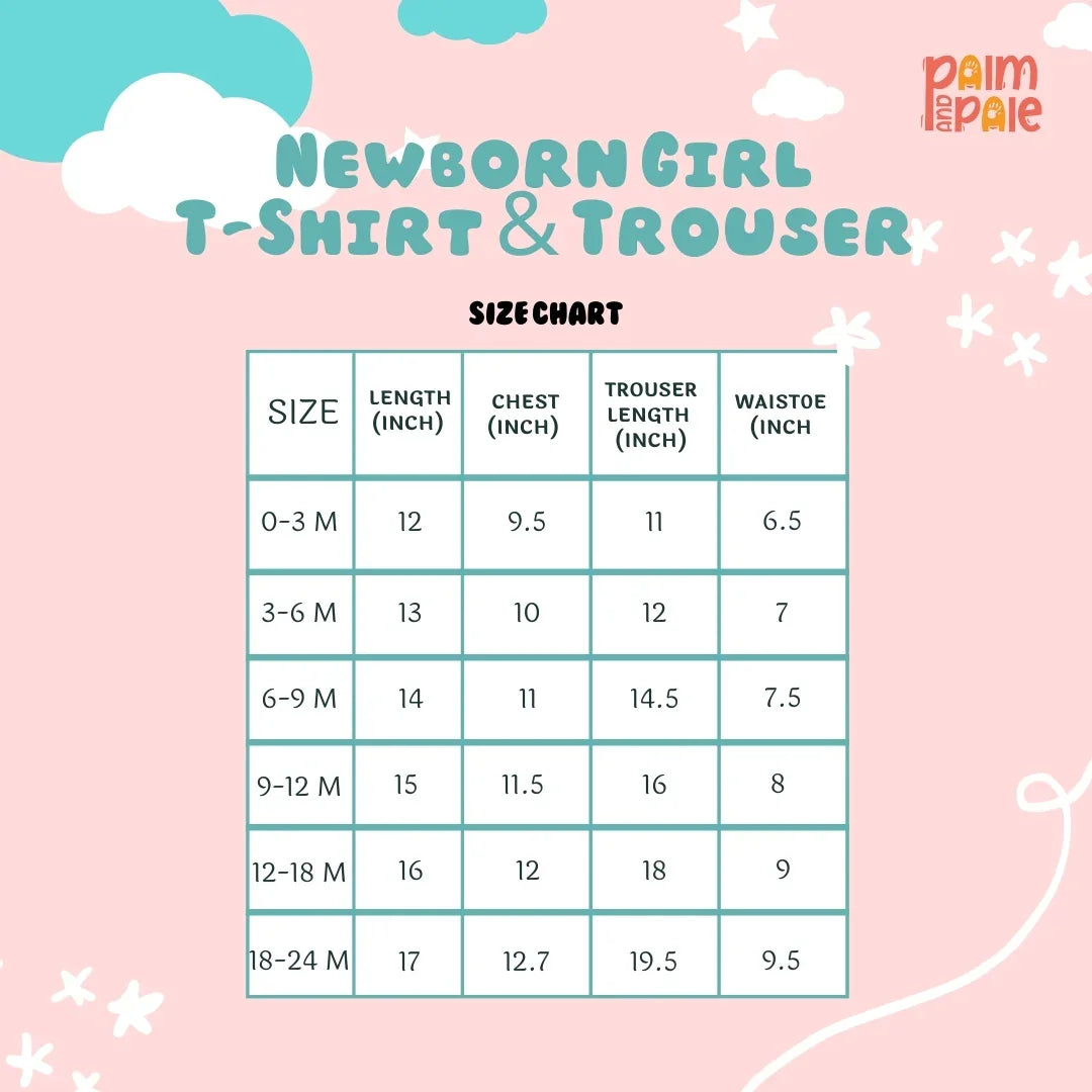 A size chart for newborn girl T-shirt and trouser set on a pink background with clouds and stars. The title is in a playful blue and white font. The table includes size categories (0-3M, 3-6M, 6-9M, 9-12M, 12-18M, 18-24M) with measurements in inches for length, chest, trouser length, and waist. The chart is neatly arranged with a teal grid. The 'Palm and Pale' logo is positioned in the top right corner.