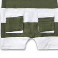 Newborn baby romper short sleeve green and white striped cotton jumpsuit with front buttons and pockets
