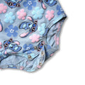 Children's onesie bodysuit with cartoon character and floral pattern on a light blue background