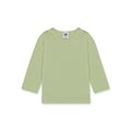 Newborn baby outfit featuring a long-sleeve green shirt with snap buttons on the shoulders. The design is simple and breathable, perfect for little smiles.