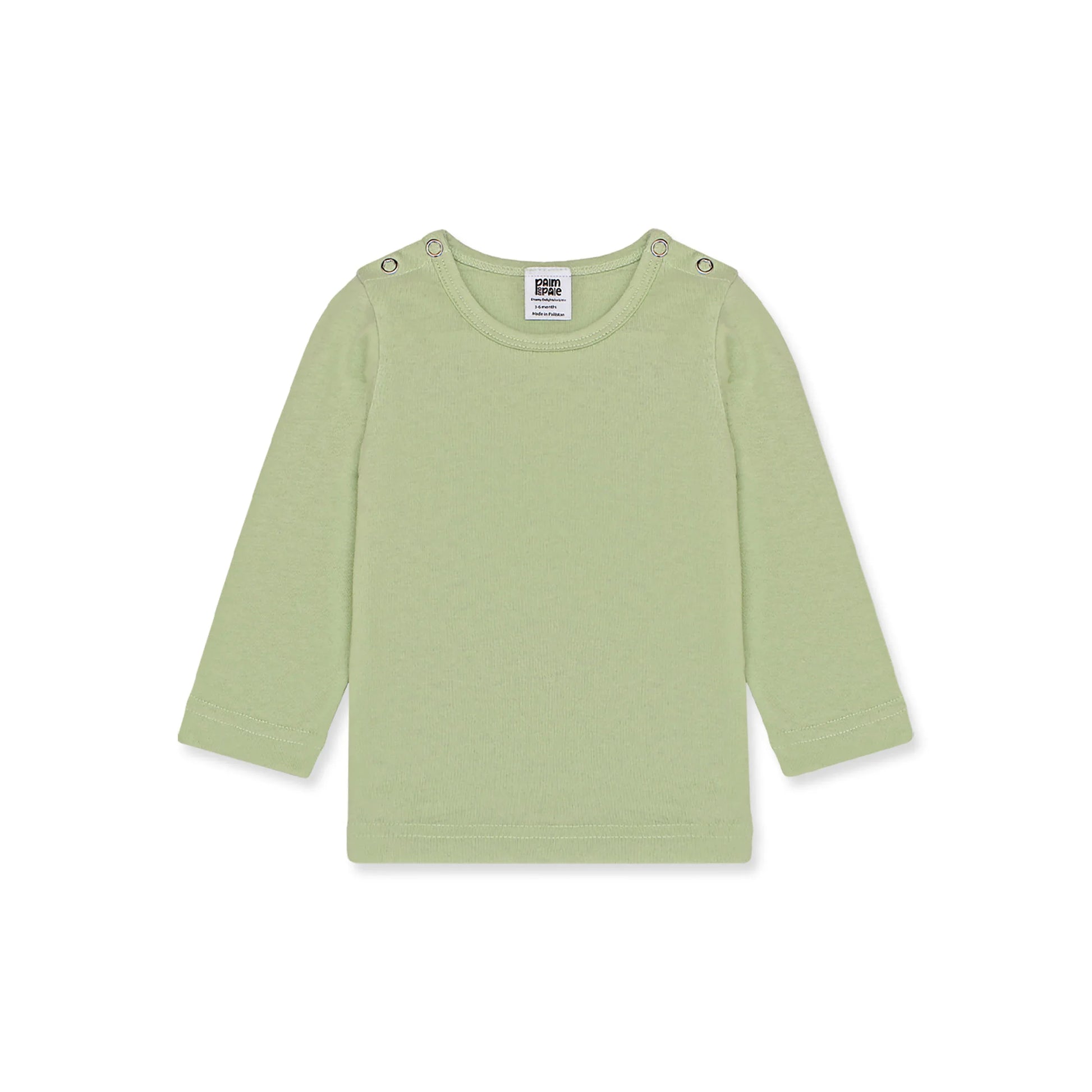 Newborn baby outfit featuring a long-sleeve green shirt with snap buttons on the shoulders. The design is simple and breathable, perfect for little smiles.
